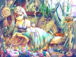 Rule 34 | 1girl, arabian clothes, asayama, bad id, bad pixiv id, bare shoulders, blue flower, blue rose, bottle, brown hair, bug, butterfly, closed mouth, coach, collarbone, commentary request, cup, curtains, detached sleeves, dress, expressionless, flower, glass, glint, green eyes, highres, insect, looking at viewer, lying, mortar (bowl), on side, original, pestle, plant, rose, scroll, sleeveless, sleeveless dress, sparkle, teacup, test tube, twitter username, veil