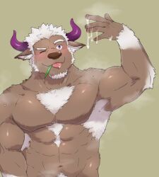 Rule 34 | 1boy, animal ears, bad id, bad twitter id, bara, biceps, blush, brown fur, chest hair, chest tuft, cow ears, cow horns, cum, cum on hands, cum string, facial hair, furry, furry male, goatee, hand up, horns, large pectorals, long sideburns, looking at hand, male focus, mature male, minotaur, muscular, muscular male, nipples, no nipples, nude, one eye closed, pectorals, purple eyes, purple horns, sanpaku, shennong (housamo), short hair, sideburns, solo, thick eyebrows, tokyo houkago summoners, tongue, tongue out, upper body, white hair, yanutorie