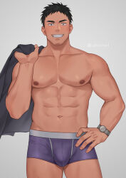 Rule 34 | 1boy, :d, abs, artist name, bara, black hair, black jacket, boxer briefs, bulge, commentary request, contrapposto, cowboy shot, crotch seam, facial hair, goatee, goatee stubble, grin, hand on own hip, hand up, highres, holding, holding clothes, holding jacket, jacket, jacket over shoulder, large pectorals, looking at viewer, male focus, male underwear, muscular, muscular male, navel, nipples, open mouth, pectorals, purple male underwear, senpai ga uzai kouhai no hanashi, short hair, signature, simple background, smile, solo, spiked hair, standing, stubble, takeda harumi (shiromanta), thick eyebrows, twitter username, uhai, underwear, underwear only, unworn jacket, variant set, watch, wristwatch