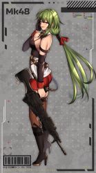 Rule 34 | 1girl, absurdres, annno ans, back, barcode, bare shoulders, black footwear, black gloves, black thighhighs, blush, boots, breasts, character name, commentary, commission, crop top, full body, girls&#039; frontline, gloves, green hair, gun, hair ornament, hairclip, hand on own face, high heel boots, high heels, highres, holding, holding gun, holding weapon, large breasts, legs, long hair, looking at viewer, looking to the side, machine gun, mk48, mk48 (girls&#039; frontline), open mouth, parted lips, ponytail, red eyes, red shorts, shorts, sideboob, simple background, single glove, skeb commission, sleeveless, smirk, solo, standing, thighhighs, weapon