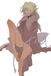 Rule 34 | 1boy, androgynous, bandages, barefoot, blindfold, blonde hair, bottomless, dark skin, male focus, original, partially visible vulva, peekamine, reverse newhalf, robe, sitting, sleeves past wrists