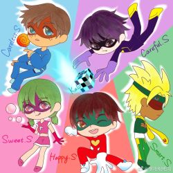 Rule 34 | black hair, blonde hair, blue outfit, brown hair, candy, careful s, careless s, cube, dress, food, green hair, green headband, green jacket, happy heroes, happy s, headband, jacket, lollipop, mask, pink dress, purple outfit, scarf, smart s, sweet s