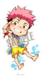 1boy anklet barefoot beitemian brown_eyes chibi chibi_only goggles goggles_around_neck grin itadori_yuuji jewelry jujutsu_kaisen male_focus nipples pectorals pink_hair salute sample_watermark scar scar_on_face short_hair shorts simple_background smile solo teeth undercut watermark white_background yellow_shorts