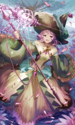 Rule 34 | 10s, 1girl, :d, breasts, circlet, cleavage, dress, flower, fur trim, granblue fantasy, green dress, green eyes, green hat, hat, holding, lace, lace-trimmed dress, lace trim, leaning forward, lennah, lennah (granblue fantasy), long sleeves, open mouth, petals, purple hair, shion (kizuro), short hair, smile, solo, staff, tree, wide sleeves, wizard hat