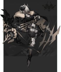 Rule 34 | 1girl, absurdres, arrow (projectile), between fingers, black capelet, black gloves, black vest, boots, bow (weapon), breasts, capelet, commentary request, full body, fur-trimmed capelet, fur trim, gloves, grey hair, highres, holding, holding arrow, holding bow (weapon), holding weapon, horns, jacket, long sleeves, medium breasts, multicolored hair, original, pants, quiver, shiba (s hi ba ), short hair, solo, streaked hair, thigh boots, vest, weapon, white footwear, white hair, white jacket, white pants, yellow eyes