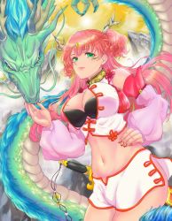 Rule 34 | 1girl, absurdres, breasts, cleavage, cleavage cutout, clothing cutout, detached sleeves, dragon, eastern dragon, green eyes, hand on own hip, highres, large breasts, long hair, navel, original, pink hair, shorts, smile, solo, suzukichi (user pwmc7427), two side up, white shorts