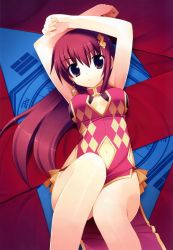 Rule 34 | 1girl, :&lt;, absurdres, arms up, breasts, china dress, chinese clothes, daita shouko, dress, earrings, female focus, hidamari basket, highres, jewelry, kiba satoshi, long hair, lying, navel, on back, red hair, solo