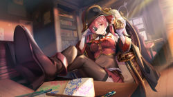 Rule 34 | 1girl, :q, absurdres, aritsuno, arrow through heart, bicorne, blurry, bodystocking, book, bookshelf, boots, breasts, chair, character pillow, coat, computer, covered navel, crossed legs, cup, depth of field, eyepatch, flag, gloves, gold, hair ribbon, hat, highres, hololive, houshou marine, large breasts, leotard, leotard under clothes, light particles, manga (object), marker, minato aqua, monitor, murasaki shion, off shoulder, office chair, pirate hat, pleated skirt, poster (object), poyoyo (nakiri ayame), red eyes, red hair, ribbon, see-through, see-through leotard, shinguuji sakura, shiranui flare, shirogane noel, sketchbook, skirt, skull, solo, sunlight, swivel chair, table, thighhighs, tongue, tongue out, twintails, usada pekora, virtual youtuber, white gloves, youtube creator award