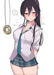 Rule 34 | 1girl, black hair, blush, breasts, breath, cleavage, coin, coin on string, hair between eyes, high ponytail, highres, holed coin, hypnosis, idolmaster, idolmaster shiny colors, kobinbin, large breasts, loose necktie, medium breasts, mind control, miniskirt, necktie, pendulum, plaid, plaid skirt, pleated skirt, ponytail, school uniform, shirase sakuya, skirt, solo, sweat, thighs, yellow eyes