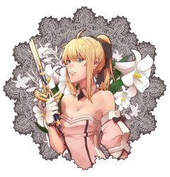 Rule 34 | 1girl, ahoge, art nouveau, artoria pendragon (fate), bad id, bad pixiv id, blonde hair, bow, breasts, caliburn (fate), cleavage, fate/stay night, fate/unlimited codes, fate (series), flower, gloves, green eyes, hair bow, jisue10, lily (flower), long hair, medium breasts, ponytail, saber (fate), saber lily, solo, sword, weapon, white gloves