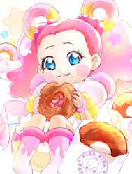 Rule 34 | 1girl, artist name, blue eyes, blush, clear glass (mildmild1311), commentary request, cure pekorin, doughnut, eating, eyelashes, food, hair ornament, hair rings, happy, highres, kirakira precure a la mode, looking at viewer, magical girl, pekorin (precure), pekorin (precure) (human), pink hair, precure, signature, sitting, smile, solo, twitter username