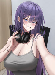 Rule 34 | 1girl, bad id, bad twitter id, bare arms, bare shoulders, biya (1024), blue eyes, blush, breasts, butterfly tattoo, camisole, cleavage, commentary, ear piercing, grey shirt, grin, headphones, headphones around neck, highres, large breasts, looking at viewer, original, parted lips, piercing, purple hair, shirt, sleeveless, smile, solo, symbol-only commentary, tattoo, teeth, upper body, yuna (biya (1024))