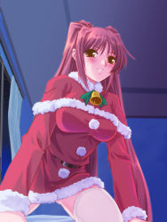 Rule 34 | 00s, 1girl, bell, blush, brown eyes, ceiling, christmas, indoors, kousaka tamaki, long hair, looking at viewer, red hair, santa costume, solo, thighhighs, to heart (series), to heart 2, twintails, urase shioji, white thighhighs, window