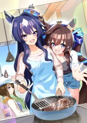 Rule 34 | 3girls, :3, absurdres, animal ears, aoki hagane no arpeggio, apron, black tank top, blue eyes, blue hair, breasts, ceiling light, cheval grand (umamusume), commentary request, cooking, denim, denim shorts, ear covers, ears through headwear, hat, highres, holding, holding pan, holding spatula, hood, hood down, hoodie, horse ears, horse girl, horse tail, indoors, lamp, long sleeves, medium breasts, multicolored hair, multiple girls, open mouth, peaked cap, shorts, single ear cover, smile, spatula, streaked hair, sunny (20597521), tail, tank top, umamusume, v sisters, verxina (umamusume), vivlos (umamusume), white hair, white hat