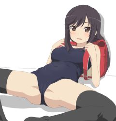 Rule 34 | 1girl, backpack, bag, black hair, black thighhighs, blue one-piece swimsuit, blush, breasts, breasts apart, brown eyes, commentary, crotch, embarrassed, ichijou hotaru, long hair, lying, non non biyori, on back, one-piece swimsuit, parted bangs, randoseru, school swimsuit, simple background, sincos, solo, spread legs, swimsuit, thighhighs, thighs, white background