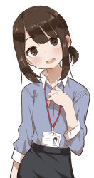 Rule 34 | 1girl, :d, absurdres, black skirt, blue shirt, blush, brown eyes, brown hair, collared shirt, commentary, douki-chan (douki-chan), dress shirt, eyebrows hidden by hair, ganbare douki-chan, hand up, head tilt, highres, id card, lanyard, long sleeves, looking at viewer, low ponytail, office lady, open mouth, ponytail, shirt, sidelocks, simple background, skirt, smile, solo, white background, yamamoto souichirou
