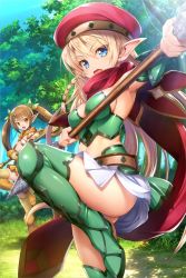 Rule 34 | 2girls, alleyne (queen&#039;s blade), alleyne (queen&#039;s blade unlimited), armor, armpits, belt, beret, bikini armor, blonde hair, blue eyes, boots, braid, breasts, brown eyes, brown hair, cleavage, day, detached sleeves, elf, forest, gluteal fold, green footwear, hair ribbon, hat, holding, holding weapon, leaf print, long hair, medium breasts, multiple girls, nature, navel, nowa (queen&#039;s blade), nowa (queen&#039;s blade unlimited), official art, open mouth, outdoors, pointy ears, polearm, queen&#039;s blade, queen&#039;s blade unlimited, queen&#039;s blade white triangle, revealing clothes, ribbon, scarf, side braid, sideboob, skirt, small breasts, spear, staff, standing, standing on one leg, thigh boots, thighhighs, thighs, tree, twintails, vambraces, very long hair, weapon, white skirt, yellow legwear, yellow skirt