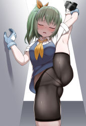 Rule 34 | 1girl, absurdres, ascot, bike shorts, black footwear, black shorts, black socks, blue gloves, blush, bow, breasts, collared shirt, commentary request, crotch seam, daiyousei, flexible, gloves, green hair, hair bow, highres, kneepits, leg up, loafers, medium breasts, no panties, see-through, shirt, shoes, short hair, short sleeves, shorts, side ponytail, sinzen, skindentation, socks, solo, split, standing, standing on one leg, standing split, touhou, white shirt, white socks, yellow ascot, yellow bow