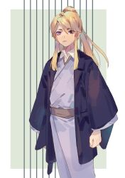 Rule 34 | 1boy, bishounen, black jacket, black sleeves, blonde hair, blue kimono, blunt ends, brown sash, character request, clenched hands, closed mouth, collared shirt, copyright request, expressionless, eyelashes, feet out of frame, green background, hair between eyes, haori, high ponytail, highres, jacket, japanese clothes, kimono, layered sleeves, long hair, long sleeves, looking at viewer, male focus, open clothes, open jacket, original, purple eyes, shirt, sidelocks, simple background, solo, thick eyebrows, two-tone background, white background, white shirt, wide sleeves, yanmian (printemps-noir)