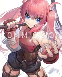 Rule 34 | 1girl, akizone, axe, bandages, bare shoulders, battle axe, belt, blue eyes, brown belt, character request, commentary, commission, copyright request, corset, fang, fingerless gloves, gloves, holding, holding axe, holding weapon, looking at viewer, open mouth, pink hair, red gloves, scar, shorts, sleeveless, solo, teeth, twintails, weapon