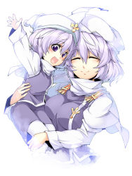 Rule 34 | 2girls, beihan, breasts, child, closed eyes, female focus, hat, holding, kokka han, lapel pin, letty whiterock, light purple hair, long sleeves, matching hair/eyes, multiple girls, outstretched arm, purple eyes, purple hair, short hair, small breasts, smile, time paradox, touhou, turtleneck, aged down