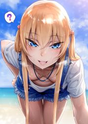 Rule 34 | 1girl, :d, ?, accidental exposure, areola slip, bad id, bad twitter id, beach, bead necklace, beads, bent over, blonde hair, blue eyes, blue sky, blush, breasts, breath, buckle, cloud, clueless, collarbone, colored skin, crossed bangs, day, downblouse, extended downblouse, eyes visible through hair, fang, glint, hair between eyes, hair ornament, hand on own hip, heart, heart-shaped pupils, highres, hinnyuu-chan (iku), horizon, ikuchan kaoru, jewelry, leaning forward, long hair, looking at viewer, motion lines, multicolored skin, necklace, no bra, ocean, open mouth, original, outdoors, overall shorts, overalls, sand, shade, shiny skin, shirt, short shorts, short sleeves, shorts, sidelocks, sky, small breasts, smile, solo, spoken question mark, standing, star (symbol), star hair ornament, summer, sweat, symbol-shaped pupils, thigh gap, thighs, tsurime, twintails, water, white shirt