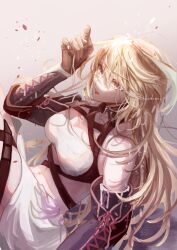 Rule 34 | ahoge, black gloves, blonde hair, gloves, gradient background, grey background, highres, holding, holding own hair, long hair, messy hair, milla maxwell (tox2), navel, parted lips, red eyes, sakadume 107, shirt, skirt, solo, strapless, swept bangs, tales of (series), tales of xillia, tales of xillia 2, taut clothes, taut shirt, tube top, twitter username, white skirt
