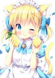 Rule 34 | 1girl, ;q, animal ear fluff, animal ears, apron, blonde hair, blue bow, blue dress, blue eyes, blush, bow, cat ears, cat girl, cat tail, closed mouth, collared dress, commentary request, dress, food, fruit, hair bow, hair ornament, holding, holding food, irori, lemon, maid, maid apron, maid headdress, one eye closed, original, puffy short sleeves, puffy sleeves, short sleeves, simple background, smile, solo, tail, tail raised, tongue, tongue out, twintails, white apron, white background, x hair ornament