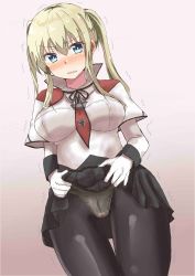 Rule 34 | 1girl, black pantyhose, black skirt, blonde hair, blue eyes, blush, breasts, capelet, chan (akuty ikkot), clothes lift, commentary request, cowboy shot, cross, gloves, gradient background, graf zeppelin (kancolle), hair between eyes, highres, iron cross, kantai collection, large breasts, lifting own clothes, looking at viewer, military, military uniform, miniskirt, necktie, panties, panties under pantyhose, pantyhose, pleated skirt, red background, sidelocks, skirt, skirt lift, solo, standing, trembling, twintails, underwear, uniform, white gloves, white panties