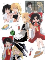 Rule 34 | 2girls, apron, ascot, blonde hair, bow, braid, closed eyes, detached sleeves, eating, food, frilled bow, frilled hair tubes, frills, fruit, hair bow, hair tubes, hakurei reimu, hat, hat bow, kirisame marisa, multiple girls, open mouth, ramochi, red bow, red skirt, ribbon-trimmed sleeves, ribbon trim, side braid, single braid, skirt, skirt set, touhou, waist apron, watermelon, white bow, witch hat, yellow ascot, yellow eyes