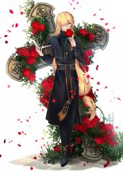 Rule 34 | 1boy, black footwear, blonde hair, book, cross, cross necklace, flower, glint, gold trim, grass, hair over one eye, highres, holding, holding book, holding flower, jewelry, long hair, male focus, necklace, open book, original, oversized object, parted lips, petals, priest, red eyes, red flower, red rose, rose, solo, standing, thorns, ultracat, very long hair