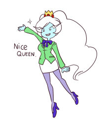 Rule 34 | 1girl, adventure time, blue skin, character name, colored skin, crown, english text, formal, grin, high heels, ice queen (adventure time), long hair, miniskirt, nollety, simple background, skirt, skirt suit, smile, solo, sparkle, suit, text focus, very long hair, white background, white hair