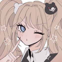 Rule 34 | 1girl, :o, bear hair ornament, black shirt, blonde hair, blue eyes, blush, collared shirt, danganronpa: trigger happy havoc, danganronpa (series), enoshima junko, hair ornament, highres, index finger raised, long hair, nail polish, raamensusure, red nails, shirt, solo, twintails, two-tone shirt