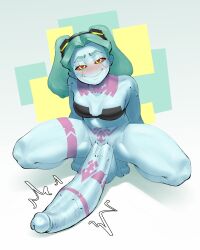 Rule 34 | 1futa, absurdres, arms behind back, black bra, blue skin, blush, bra, colored sclera, colored skin, commission, cyberpunk (series), cyberpunk edgerunners, cyborg, futanari, gigantic penis, green hair, hair intakes, half-closed eyes, headband, highres, huge penis, large testicles, looking at viewer, mr fuga, neck tattoo, no nose, penis, penis tattoo, pubic tattoo, rebecca (cyberpunk), red sclera, simple background, smile, solo, spread legs, squatting, tattoo, testicles, thighs, twintails, underwear, yellow pupils