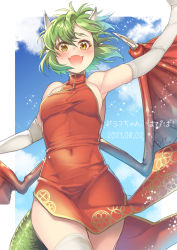 Rule 34 | 1girl, blush, breasts, brown eyes, china dress, chinese clothes, covered navel, draco centauros, dragon girl, dragon horns, dragon tail, dress, elbow gloves, fangs, gloves, green hair, highres, horns, looking at viewer, medium breasts, open mouth, oyuki (otozuki mozuku), puyopuyo, red dress, short hair, sideboob, skin fangs, smile, solo, tail, thighhighs, white gloves, white thighhighs