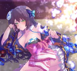 Rule 34 | 1girl, arm support, assault lily, blue flower, blue kimono, blurry, blurry background, blush, bow, breasts, bug, butterfly, butterfly hair ornament, checkered clothes, checkered kimono, cleavage, closed mouth, commentary, cowboy shot, depth of field, fingernails, flower, frilled kimono, frills, funada kiito, fur collar, green eyes, hair flower, hair ornament, hand on own cheek, hand on own face, hands up, head rest, highres, indoors, insect, japanese clothes, kimono, large breasts, light particles, long hair, long sleeves, looking at viewer, lying, naridon, off shoulder, official alternate costume, on floor, on side, pink bow, purple hair, short kimono, single bare shoulder, smile, solo, tatami, white butterfly, wide sleeves