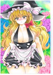 Rule 34 | 1girl, :o, adapted costume, alternate breast size, apron, blonde hair, blush, breasts, brown eyes, cleavage, collarbone, commentary, curvy, flower, hair ribbon, hat, highres, huge breasts, hydrangea, kirisame marisa, long hair, looking at viewer, marker (medium), microskirt, panties, pink panties, rain, revealing clothes, ribbon, skirt, skirt tug, solo, thick thighs, thigh gap, thighs, touhou, traditional media, tress ribbon, twobee, underwear, very long hair, vest, waist apron, wavy hair, wide hips, witch hat