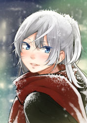 Rule 34 | 1girl, blue eyes, blush, colored eyelashes, from side, long hair, looking back, original, outdoors, scarf, silver hair, snowing, solo, yui 7