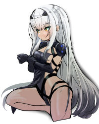 Rule 34 | 1girl, absurdres, armor, black dress, black gloves, black hair, black leotard, blush, breasts, closed mouth, cropped legs, dress, elbow gloves, melusine (fate), fate/grand order, fate (series), gloves, gradient hair, greyscale, hair between eyes, hey taisyou, highres, leg up, leotard, long hair, medium breasts, monochrome, multicolored hair, shoulder armor, simple background, solo, white background, white hair, yellow eyes
