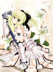 Rule 34 | 00s, armor, artoria pendragon (fate), avalon (fate/stay night), blonde hair, capcom, fate/stay night, fate/unlimited codes, fate (series), flower, gauntlets, green eyes, lily (flower), okitakung, ponytail, saber (fate), saber lily