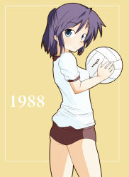 Rule 34 | 00s, 1girl, aged down, alternate hairstyle, ass, ball, blue eyes, blush, buruma, cowboy shot, dot mouth, female focus, from side, gluteal fold, gym shirt, gym uniform, hiiragi miki, holding, holding ball, looking at viewer, looking to the side, lucky star, purple hair, red buruma, shing (sorairo factory), shirt, shirt tucked in, short hair, short sleeves, simple background, solo, standing, uniform, volleyball (object), white shirt, yellow background