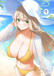 Rule 34 | 1girl, ?, areola slip, beach, bikini, blonde hair, blue archive, blue sky, blush, bracelet, breasts, closed mouth, collarbone, commentary request, day, floating hair, gohei (aoi yuugure), green eyes, halo, hand up, hat, highres, island, jewelry, large breasts, long hair, looking at viewer, navel, nonomi (blue archive), nonomi (swimsuit) (blue archive), ocean, outdoors, paid reward available, palm tree, see-through, see-through shirt, side-tie bikini bottom, sky, smile, speech bubble, spoken question mark, stomach, sun hat, swimsuit, tree, white headwear, yellow bikini