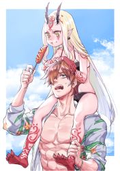 Rule 34 | 1boy, 1girl, :t, ankle grab, barefoot, bikini, black bikini, blonde hair, carrying, commentary request, d:, earrings, eating, facial mark, fate/grand order, fate (series), floral print, food, food on face, forehead mark, hair over one eye, hamitamako, hands on another&#039;s head, hood, hoodie, horns, hot dog, ibaraki douji (fate), ibaraki douji (fate/grand order), ibaraki douji (swimsuit lancer) (fate), ibaraki douji (swimsuit lancer) (first ascension) (fate), jewelry, ketchup, leg tattoo, long hair, muscular, mustard, oni horns, open clothes, open hoodie, open mouth, pointy ears, print hoodie, robin hood (fate), robin hood (summer hunter) (fate), sharing food, sharp toenails, shoulder carry, sweatdrop, swimsuit, tattoo, toenails, topless male, very long hair
