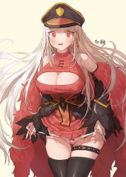 Rule 34 | 1girl, bare shoulders, beige background, black hat, black sleeves, black thighhighs, blunt bangs, bow, bow panties, breasts, character request, cleavage cutout, clothing cutout, commission, cowboy shot, detached sleeves, dungeon and fighter, earrings, feather boa, halterneck, hat, jewelry, kuzel (bonolangje), large breasts, light blush, long hair, looking at viewer, meme attire, military hat, open-chest sweater, open mouth, panties, panty pull, red eyes, red sweater, ribbed sweater, simple background, skindentation, solo, standing, studded thigh strap, surprised, sweater, thigh strap, thighhighs, translation request, underwear, white hair, white panties