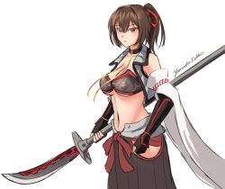 Rule 34 | 1girl, artist name, azur lane, breasts, choker, cleavage, cosplay, glaive (polearm), hair between eyes, historical name connection, holding, holding polearm, holding weapon, ise (azur lane), ise (azur lane) (cosplay), ise (kancolle), ise (retrofit) (azur lane), kantai collection, large breasts, name connection, one-hour drawing challenge, polearm, rekka yamato, simple background, weapon, white background, wide sleeves