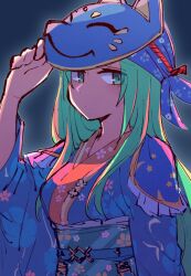 Rule 34 | 1girl, alonemistrist, blue kimono, closed mouth, fire emblem, fire emblem: path of radiance, fire emblem heroes, green eyes, green hair, highres, japanese clothes, kimono, long sleeves, looking at viewer, mask, mask on head, mask pull, nephenee (fire emblem), nephenee (yukata) (fire emblem), nintendo, official alternate costume, solo, upper body, wide sleeves, yukata