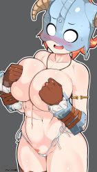 Rule 34 | 1girl, :d, abs, amulet, arm guards, between breasts, bikini, bikini bottom only, blush, breasts, brown gloves, cameltoe, cleft of venus, collarbone, covering privates, covering breasts, dovahkiin, dovakini-chan, fake horns, female pubic hair, gloves, grey background, helmet, highres, horned helmet, horns, jewelry, large breasts, long hair, looking at viewer, muscular, muscular female, navel, necklace, nisetanaka, open mouth, orange hair, outline, ponytail, pubic hair, simple background, smile, solo, stomach, string bikini, swimsuit, the elder scrolls, the elder scrolls v: skyrim, white bikini, white outline
