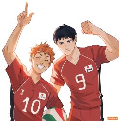 Rule 34 | 2boys, adam&#039;s apple, arm up, artist name, ball, black eyes, black hair, clenched hand, closed eyes, curly hair, eyebrows, fingernails, grin, haikyuu!!, happy, highres, hinata shouyou, holding, holding ball, japanese flag, jersey, kageyama tobio, looking at viewer, male focus, multiple boys, orange hair, pale skin, pointing, red shirt, red shorts, shirt, short hair, short sleeves, shorts, smile, spoilers, sportswear, standing, tan, teeth, twitter username, uniform, viria13, volleyball (object), volleyball uniform, watermark, white background
