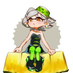 Rule 34 | + +, 1girl, ankle boots, arm support, black dress, black footwear, boots, brown eyes, commentary, detached collar, dress, earrings, food, food on head, fruit, full body, gloves, green pantyhose, grey hair, highres, inkling, jewelry, looking at viewer, marie (splatoon), mole, mole under eye, nintendo, nishikuromori, object on head, open mouth, oversized object, pantyhose, pineapple, pointy ears, short dress, short hair, sitting, sitting on food, solo, splatoon (series), splatoon 1, strapless, strapless dress, sushi, tentacle hair, white gloves