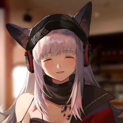 Rule 34 | 1girl, animal ears, arknights, black hat, blurry, blurry background, blush, closed mouth, coat, ears through headwear, facing viewer, frostleaf (arknights), grey hair, hasegawamorito, hat, headphones, highres, long hair, material growth, off shoulder, open mouth, oripathy lesion (arknights), portrait, red coat, single bare shoulder, smile, solo